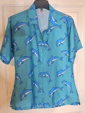 La Leela Hawaiian Shirt~Discontinued~Dolphins~Miami~Retro~100% Terivoile~M